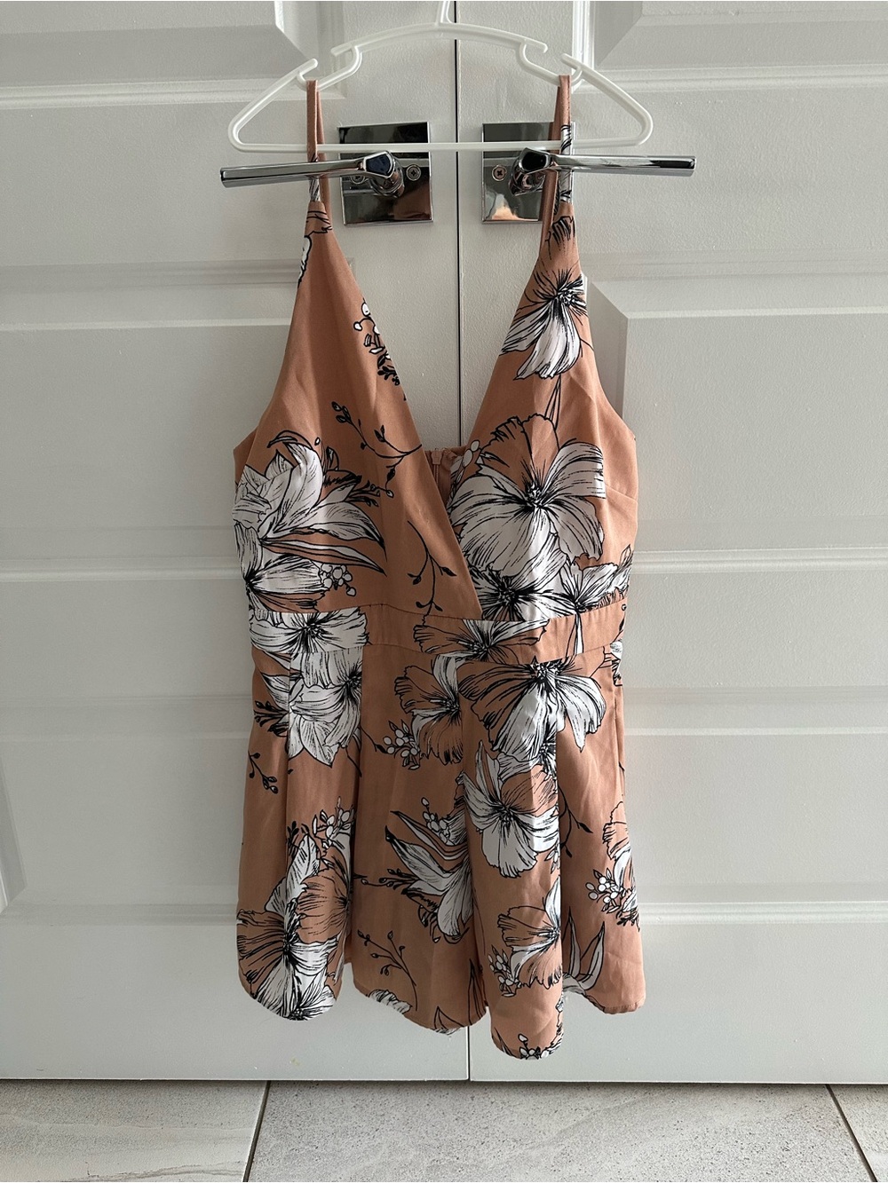 Floral Romper in Peach with White Bloom Print